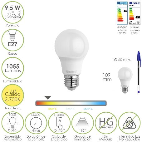 BOMBILLA LED ESTANDAR ROSCA E27. 9.5 WATT. EQUIVALE A 75 WATT. 1055 LUMENES. LUZ CÁLIDA (2700º K)