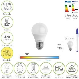 BOMBILLA LED ESFERICA ROSCA E27 4.5 WATT. EQUIVALE A 55 WATT. 470 LUMENES. LUZ CÁLIDA (2700º K.)