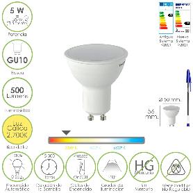 BOMBILLA LED DICROICA ROSCA GU10. 5 WATT. EQUIVALE A 30 WATT. 500 LUMENES. LUZ CÁLIDA (2700º K)