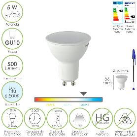 BOMBILLA LED DICROICA ROSCA GU10. 5 WATT. EQUIVALE A 30 WATT. 500 LUMENES. LUZ FRIA (6500º K.)