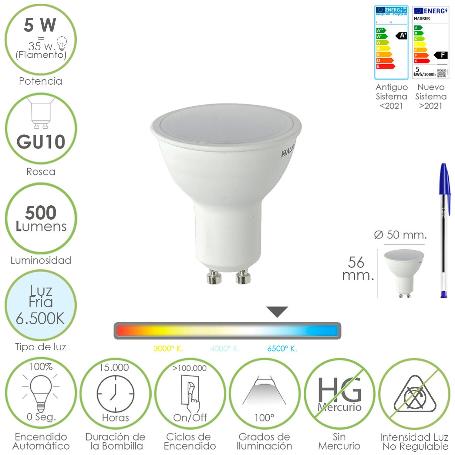 BOMBILLA LED DICROICA ROSCA GU10. 5 WATT. EQUIVALE A 30 WATT. 500 LUMENES. LUZ FRIA (6500º K.)