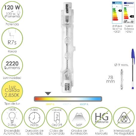 BOMBILLA HALOGENA PARA FOCOS ROSCA R7S. 120 WATT. 2220 LUMENES. LUZ CÁLIDA (2850º K)