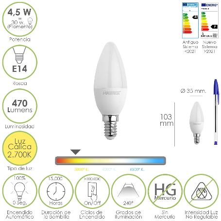 BOMBILLA LED VELA ROSCA E14. 4,5 WATT. EQUIVALE A 35 WATT. 470 LUMENES. LUZ CÁLIDA (2700º K)