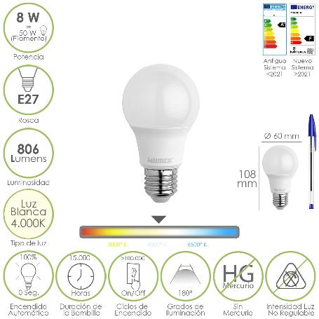 BOMBILLA LED ESTANDAR ROSCA E27. 8 WATT. EQUIVALE A 65 WATT. 806 LUMENES. LUZ NEUTRA (4000º K.)