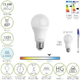 BOMBILLA LED ESTANDAR ROSCA E27. 13,5 WATT. EQUIVALE A 100 WATT. 1521 LUMENES. LUZ FRÍA (6500º K.)