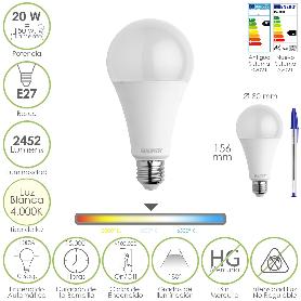 BOMBILLA LED ESTANDAR ROSCA E27. 20  WATT. EQUIVALE A 150 WATT. 2452 LUMENES. LUZ NEUTRA (4000º K.)