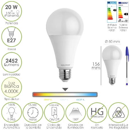 BOMBILLA LED ESTANDAR ROSCA E27. 20  WATT. EQUIVALE A 150 WATT. 2452 LUMENES. LUZ NEUTRA (4000º K.)