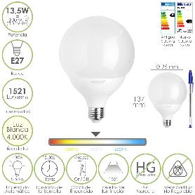 BOMBILLA LED ESFERA GLOBO E27. 13,5 WATT. EQUIVALE A 100 WATT. 1521 LUMENES. LUZ NEUTRA 4000º K.