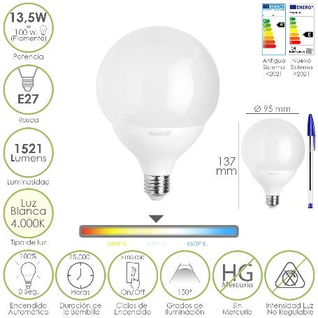 BOMBILLA LED ESFERA GLOBO E27. 13,5 WATT. EQUIVALE A 100 WATT. 1521 LUMENES. LUZ NEUTRA 4000º K.