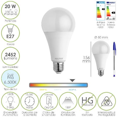 BOMBILLA LED ESTANDAR ROSCA E27. 20  WATT. EQUIVALE A 150 WATT. 2452 LUMENES. LUZ FRIA (6500º K.)