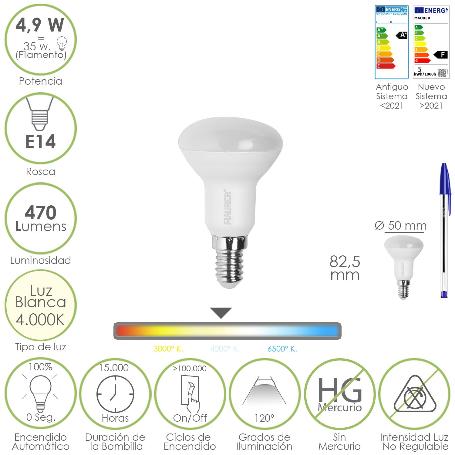 BOMBILLA LED REFLECTANTE ROSCA E14. 4,9 WATT. EQUIVALE A 35 WATT. 470 LUMENES. LUZ NEUTRA (4000º K.)