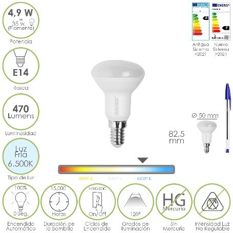 BOMBILLA LED REFLECTANTE ROSCA E14. 4,9 WATT. EQUIVALE A 35 WATT. 470 LUMENES. LUZ FRIA (6500º K.)