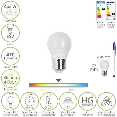 BOMBILLA LED ESFERICA ROSCA E27 4.5 WATT. EQUIVALE A 55 WATT. 470 LUMENES. LUZ NEUTRA (4000º K)