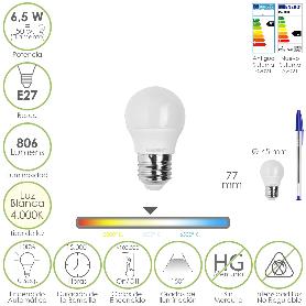 BOMBILLA LED ESFERA ROSCA E27. 6.5 WATT. EQUIVALE A 50 WATT. 806 LUMENES. LUZ NEUTRA 4000º K.