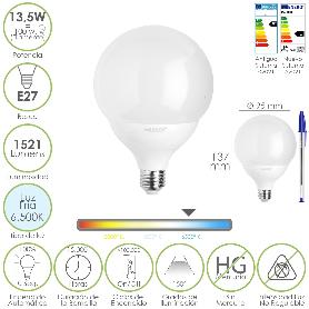 BOMBILLA LED ESFERA GLOBO E27. 13,5 WATT. EQUIVALE A 100 WATT. 1521 LUMENES. LUZ FRIA 6500º K.