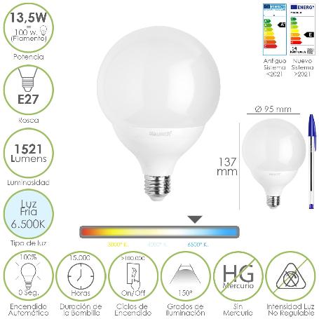 BOMBILLA LED ESFERA GLOBO E27. 13,5 WATT. EQUIVALE A 100 WATT. 1521 LUMENES. LUZ FRIA 6500º K.