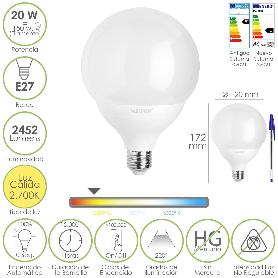 BOMBILLA LED GLOBO E27. 20 WATT. EQUIVALE A 150 WATT. 2452 LUMENES. LUZ CALIDA 2700º K.