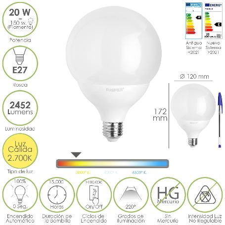 BOMBILLA LED GLOBO E27. 20 WATT. EQUIVALE A 150 WATT. 2452 LUMENES. LUZ CALIDA 2700º K.