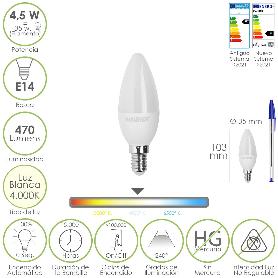 BOMBILLA LED VELA ROSCA E14. 4,5 WATT. EQUIVALE A 35 WATT. 470 LUMENES. LUZ NEUTRA (4000º K.)