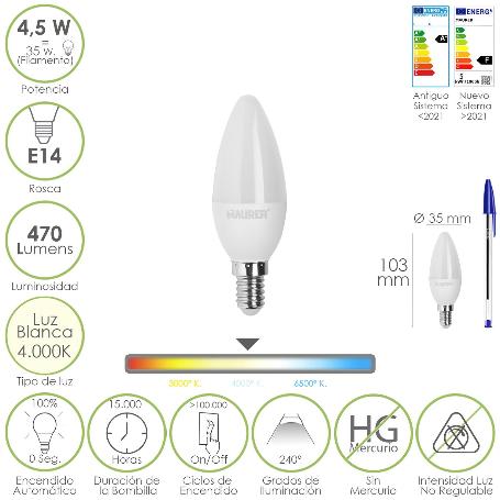 BOMBILLA LED VELA ROSCA E14. 4,5 WATT. EQUIVALE A 35 WATT. 470 LUMENES. LUZ NEUTRA (4000º K.)