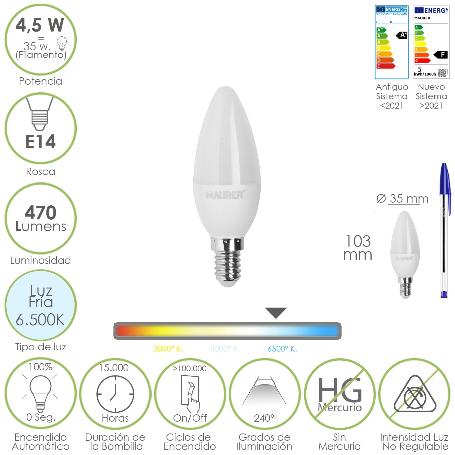 BOMBILLA LED VELA ROSCA E14. 4,5 WATT. EQUIVALE A 35 WATT. 470 LUMENES. LUZ FIRA (6500º K.)