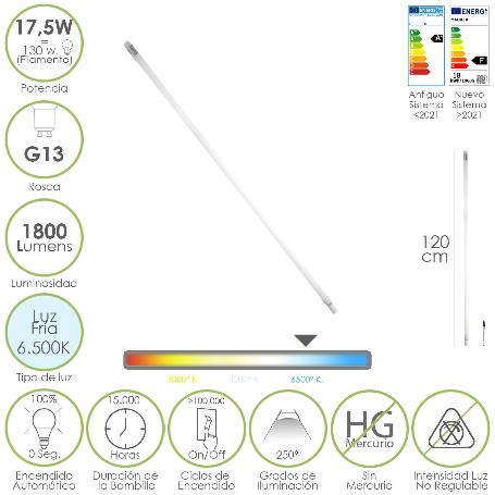 TUBO LED T8 120 CM.17,5 WATT. EQUIVALE A 130 WATT. 1800 LUMENES. LUZ FRIA 6500º K.