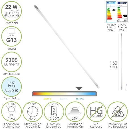 TUBO LED T8 150 CM. 22 WATT. EQUIVALE A 150 WATT. 2300 LUMENES. LUZ FRIA 6500º K.