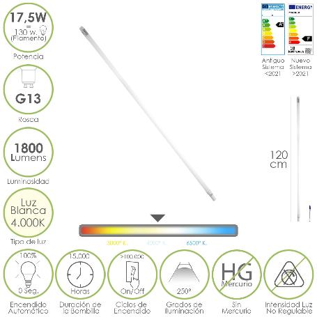 TUBO LED T8 120 CM.17,5 WATT. EQUIVALE A 130 WATT. 1800 LUMENES. LUZ NEUTRA 4000º K.