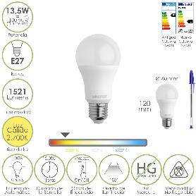 BOMBILLA LED ESTANDAR ROSCA E27. 13,5 WATT. EQUIVALE A 100 WATT. 1521 LUMENES. LUZ CALIDA (3000º K.)