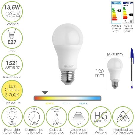 BOMBILLA LED ESTANDAR ROSCA E27. 13,5 WATT. EQUIVALE A 100 WATT. 1521 LUMENES. LUZ CALIDA (3000º K.)