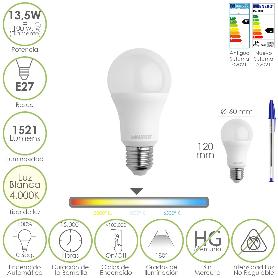 BOMBILLA LED ESTANDAR ROSCA E27. 13,5 WATT. EQUIVALE A 100 WATT. 1521 LUMENES. LUZ NEUTRA (4000º K.)