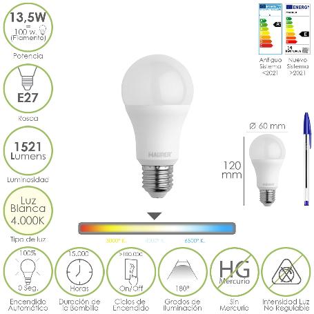 BOMBILLA LED ESTANDAR ROSCA E27. 13,5 WATT. EQUIVALE A 100 WATT. 1521 LUMENES. LUZ NEUTRA (4000º K.)