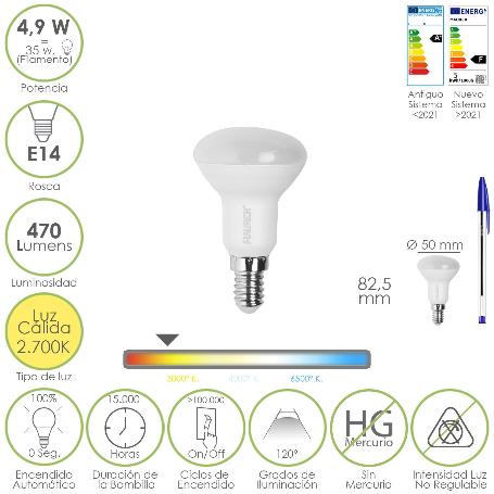 BOMBILLA LED REFLECTANTE ROSCA E14. 4,9 WATT. EQUIVALE A 35 WATT. 470 LUMENES. LUZ CÁLIDA (3000º K.)