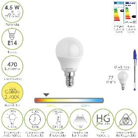 BOMBILLA LED ESFERICA ROSCA E14 4.5 WATT. EQUIVALE A 35 WATT. 470 LUMENES. LUZ CÁLIDA (00º K)