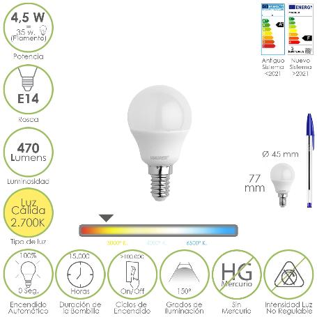 BOMBILLA LED ESFERICA ROSCA E14 4.5 WATT. EQUIVALE A 35 WATT. 470 LUMENES. LUZ CÁLIDA (00º K)