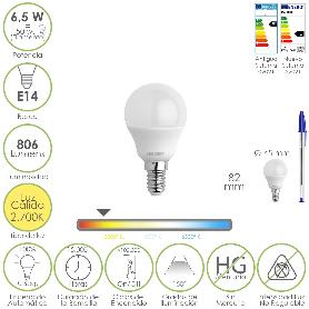 BOMBILLA LED ESFERA ROSCA E14. 6.5 WATT. EQUIVALE A 50 WATT. 806 LUMENES. LUZ CALIDA 2700º K.