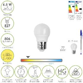 BOMBILLA LED ESFERA ROSCA E27. 6.5 WATT. EQUIVALE A 50 WATT. 806 LUMENES. LUZ CALIDA 3000º K.