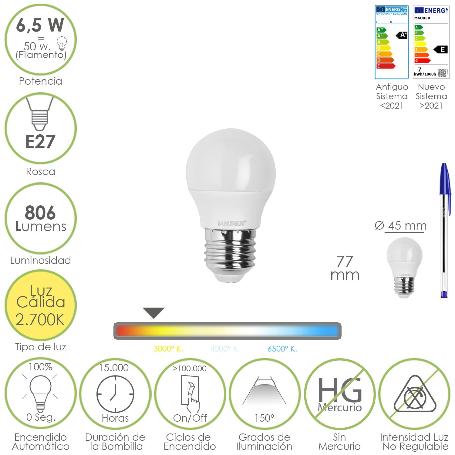 BOMBILLA LED ESFERA ROSCA E27. 6.5 WATT. EQUIVALE A 50 WATT. 806 LUMENES. LUZ CALIDA 3000º K.