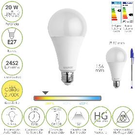 BOMBILLA LED ESTANDAR ROSCA E27. 20  WATT. EQUIVALE A 150 WATT. 2452 LUMENES. LUZ CALIDA (3000º K.)