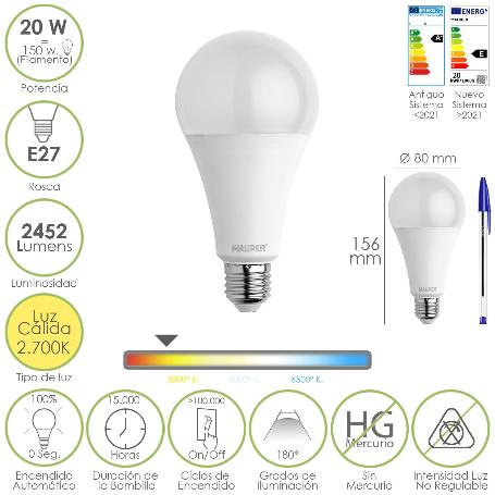 BOMBILLA LED ESTANDAR ROSCA E27. 20  WATT. EQUIVALE A 150 WATT. 2452 LUMENES. LUZ CALIDA (3000º K.)