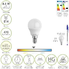 BOMBILLA LED ESFERICA ROSCA E14 4.5 WATT. EQUIVALE A 35 WATT. 470 LUMENES. LUZ NEUTRA (4000º K)