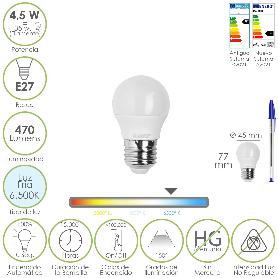 BOMBILLA LED ESFERICA ROSCA E27 4.5 WATT. EQUIVALE A 55 WATT. 470 LUMENES. LUZ FRIA (6500º K)