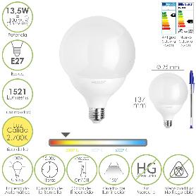 BOMBILLA LED ESFERA GLOBO E27. 13,5 WATT. EQUIVALE A 100 WATT. 1521 LUMENES. LUZ CALIDA 3000º K.