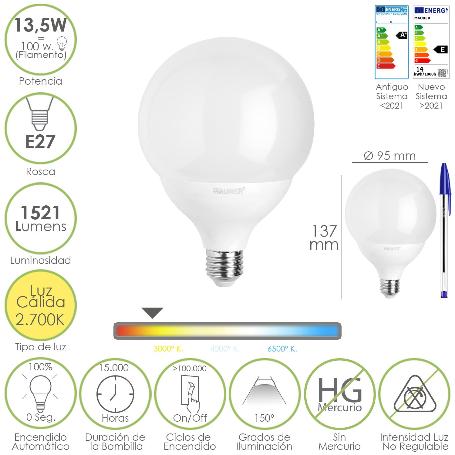 BOMBILLA LED ESFERA GLOBO E27. 13,5 WATT. EQUIVALE A 100 WATT. 1521 LUMENES. LUZ CALIDA 3000º K.