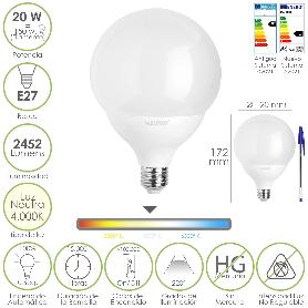 BOMBILLA LED GLOBO E27. 20 WATT. EQUIVALE A 150 WATT. 2452 LUMENES. LUZ NEUTRA 4000º K.