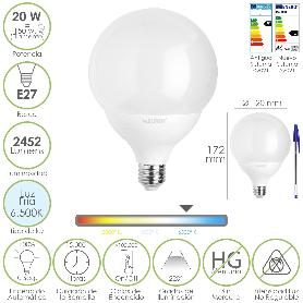 BOMBILLA LED GLOBO E27. 20 WATT. EQUIVALE A 150 WATT. 2452 LUMENES. LUZ FRIA 6500º K.