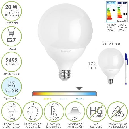 BOMBILLA LED GLOBO E27. 20 WATT. EQUIVALE A 150 WATT. 2452 LUMENES. LUZ FRIA 6500º K.