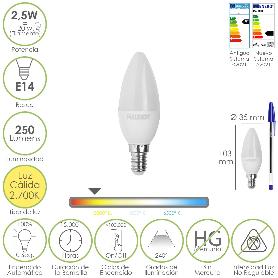 BOMBILLA LED VELA E14. 2,5 WATT. EQUIVALE A 20 WATT. 250 LUMENES. LUZ CALIDA 2700º K.