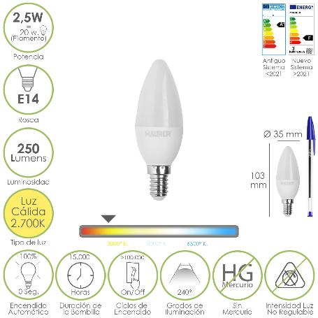 BOMBILLA LED VELA E14. 2,5 WATT. EQUIVALE A 20 WATT. 250 LUMENES. LUZ CALIDA 2700º K.