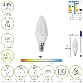 BOMBILLA LED VELA E14. 2,5 WATT. EQUIVALE A 20 WATT. 250 LUMENES. LUZ NEUTRA 4.000º K.